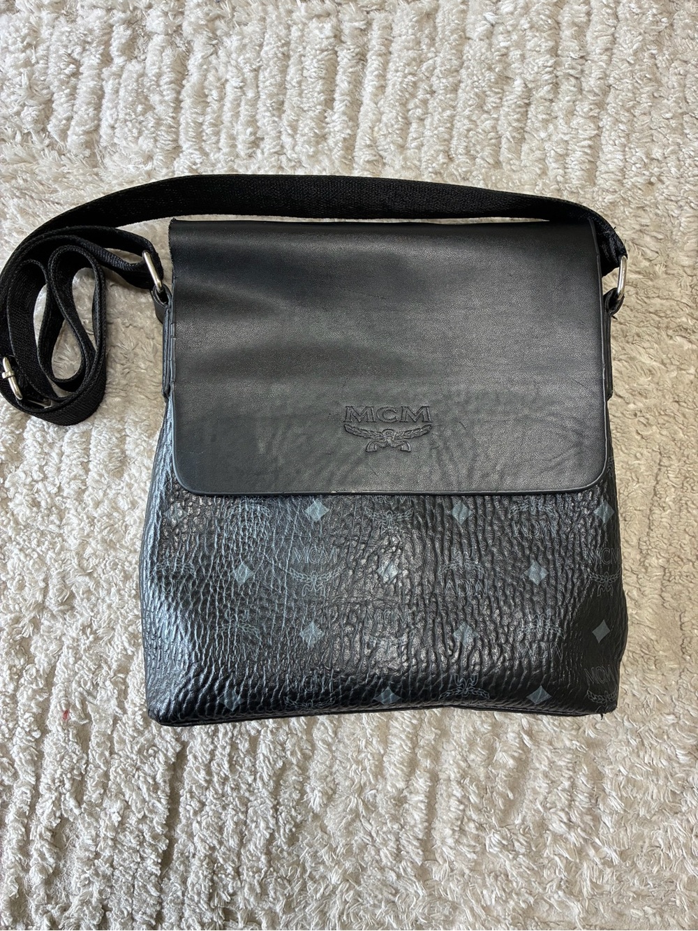 MCM Black Textured Leather Messenger Bag with Flap